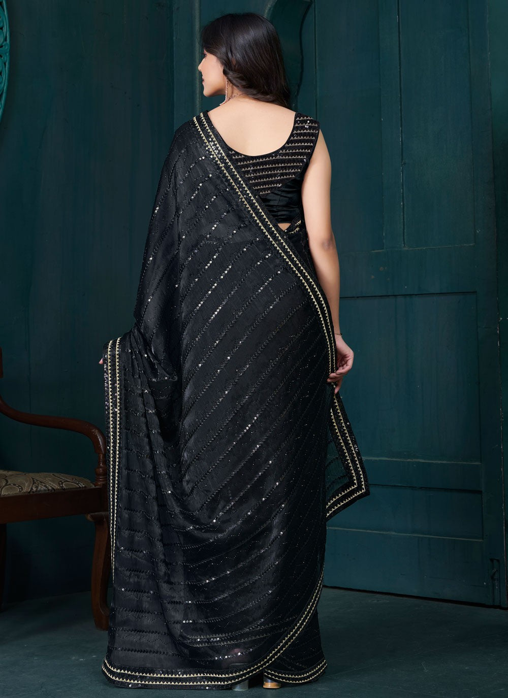 Sequins Organza Black Classic Saree S15208