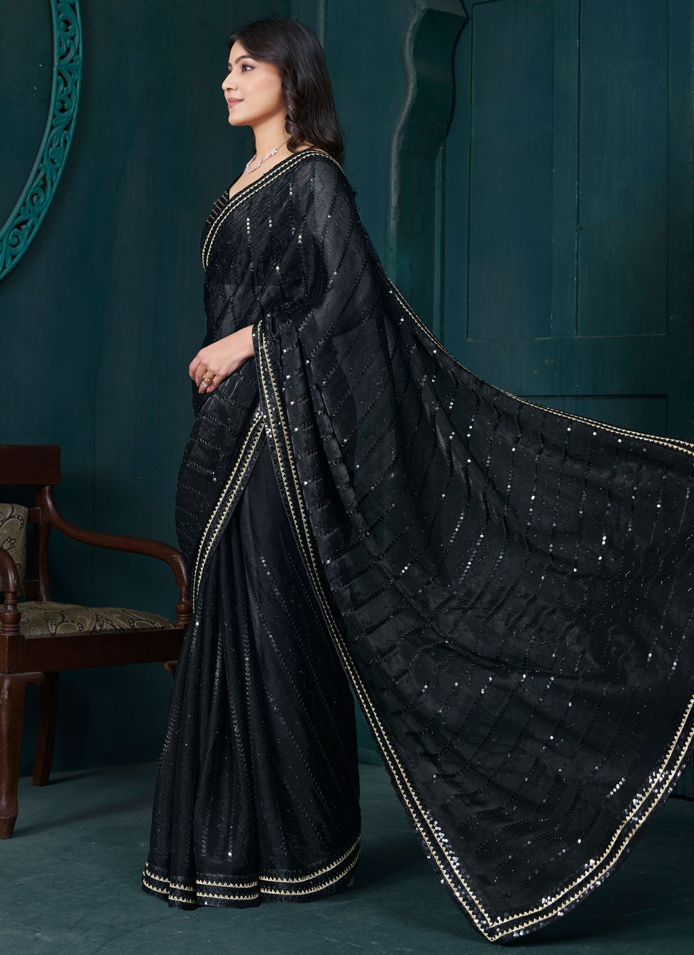 Sequins Organza Black Classic Saree S15208