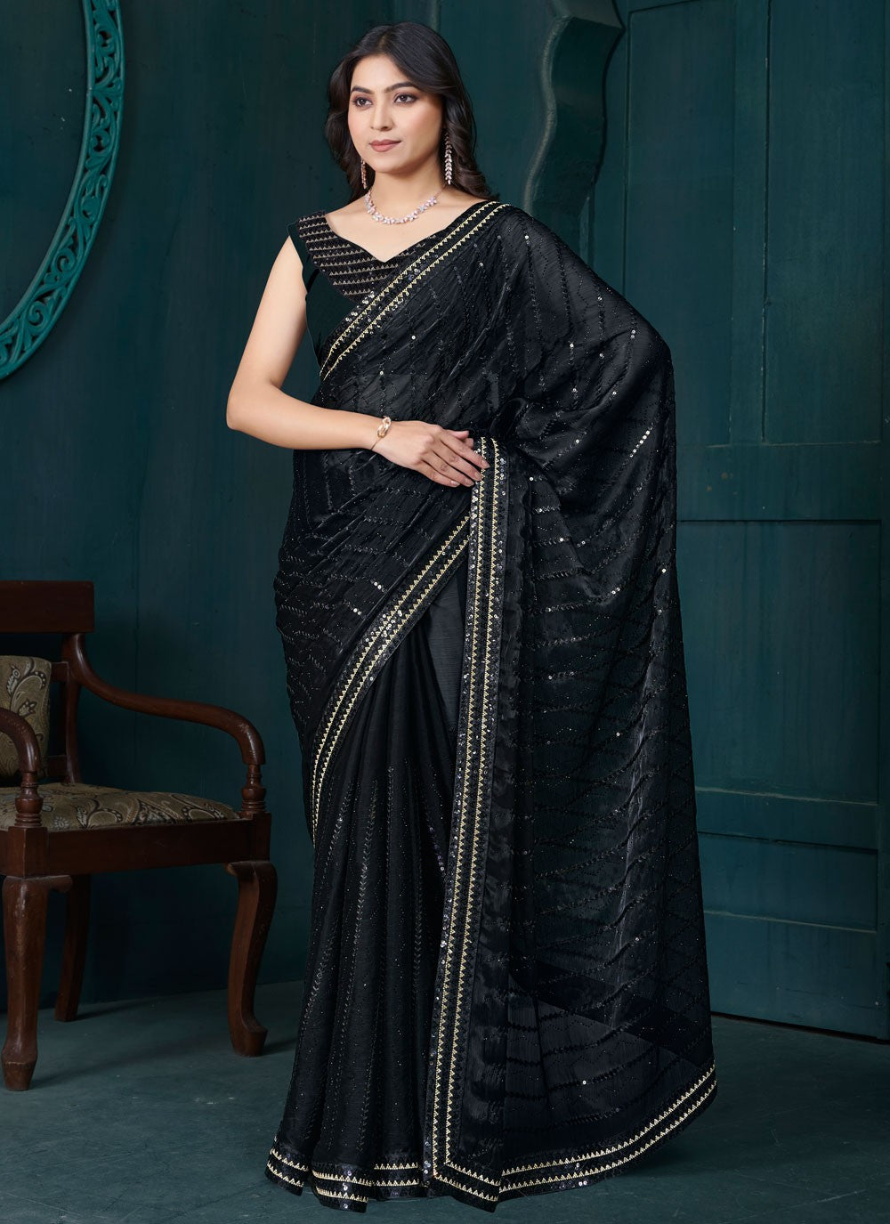 Sequins Organza Black Classic Saree S15208