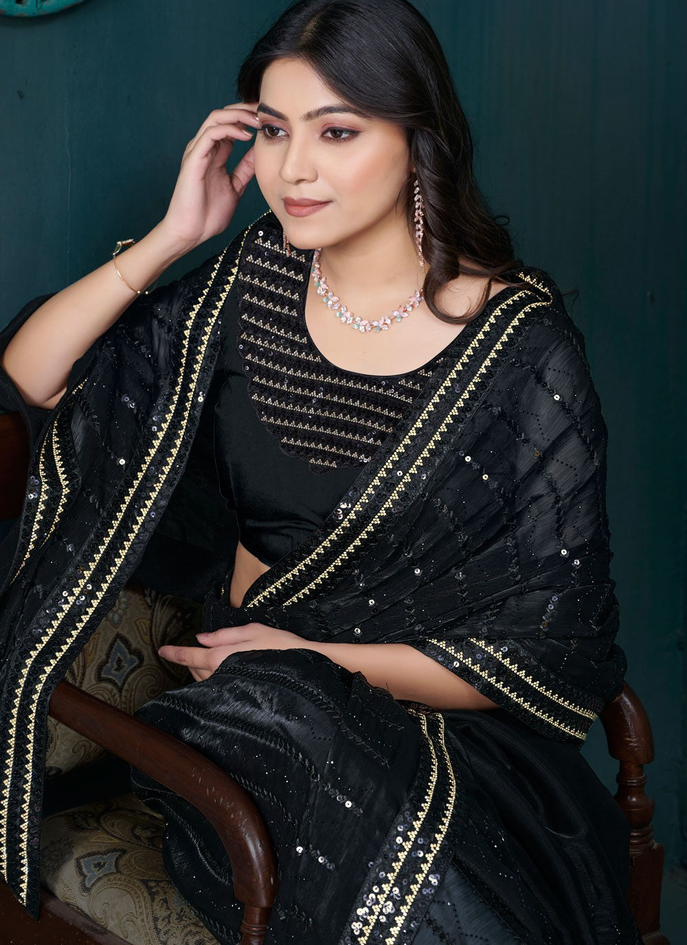 Sequins Organza Black Classic Saree S15208