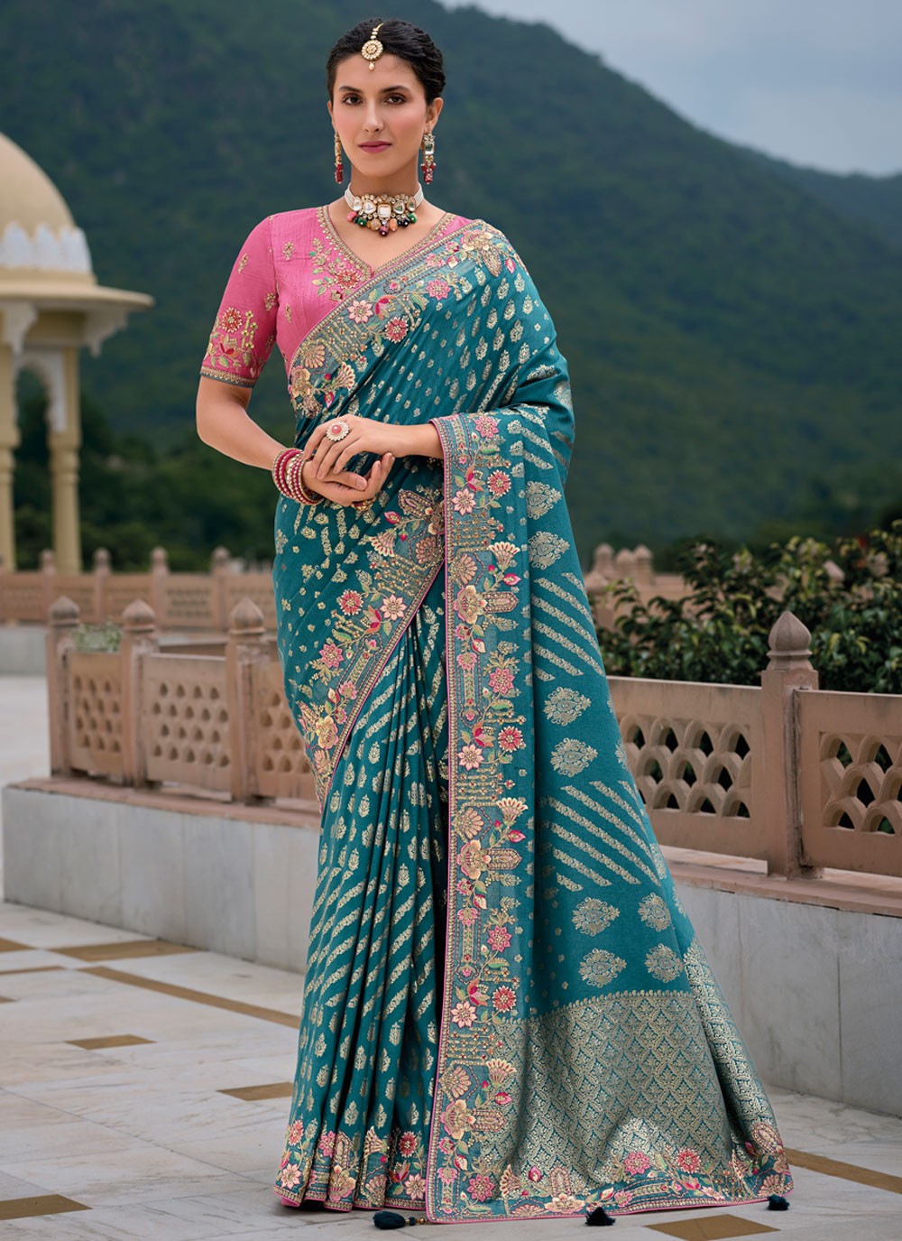 Embroidered Silk Morpeach Saree S14422
