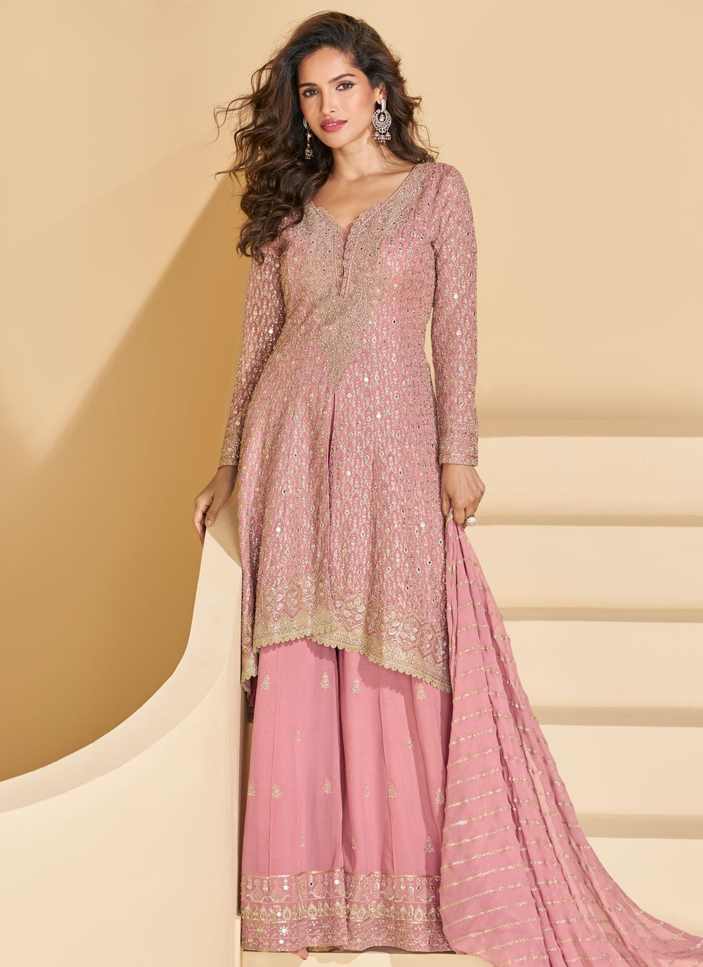 Embroidered Georgette Pink Palazzo Suit T6466