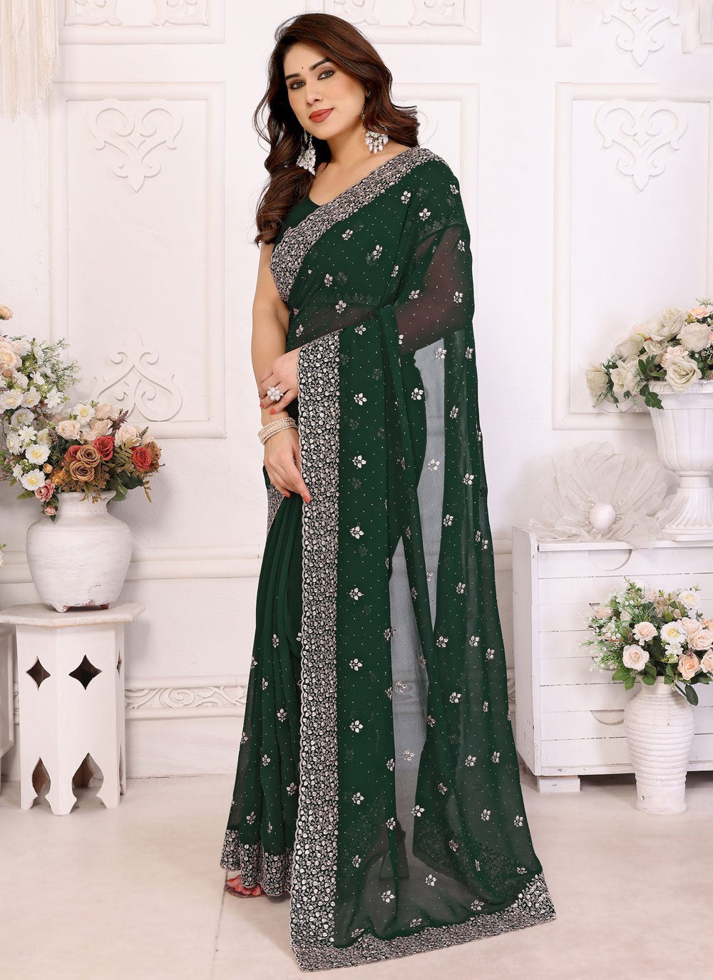 Embroidered Georgette Green Contemporary Saree S14990