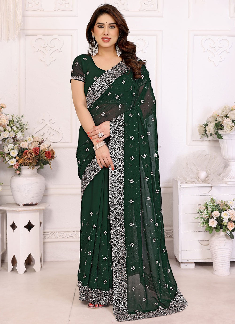 Embroidered Georgette Green Contemporary Saree S14990