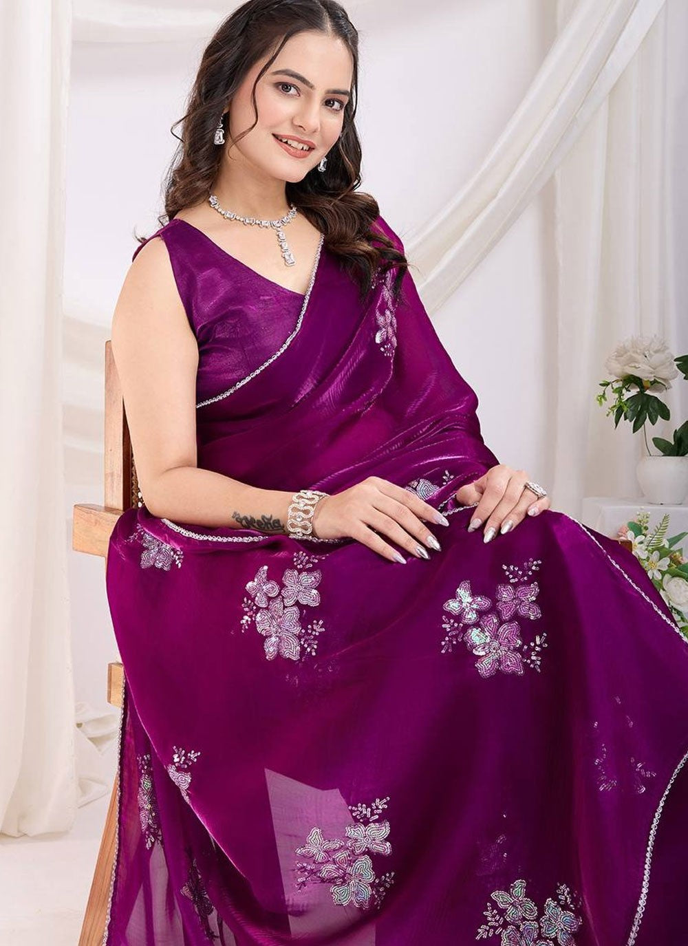 Trendy Saree Embroidered Purple Jimmy Chu Saree S12971
