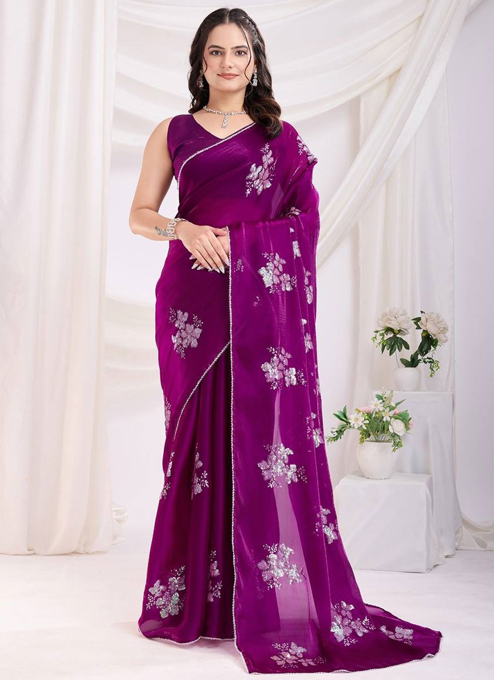 Trendy Saree Embroidered Purple Jimmy Chu Saree S12971