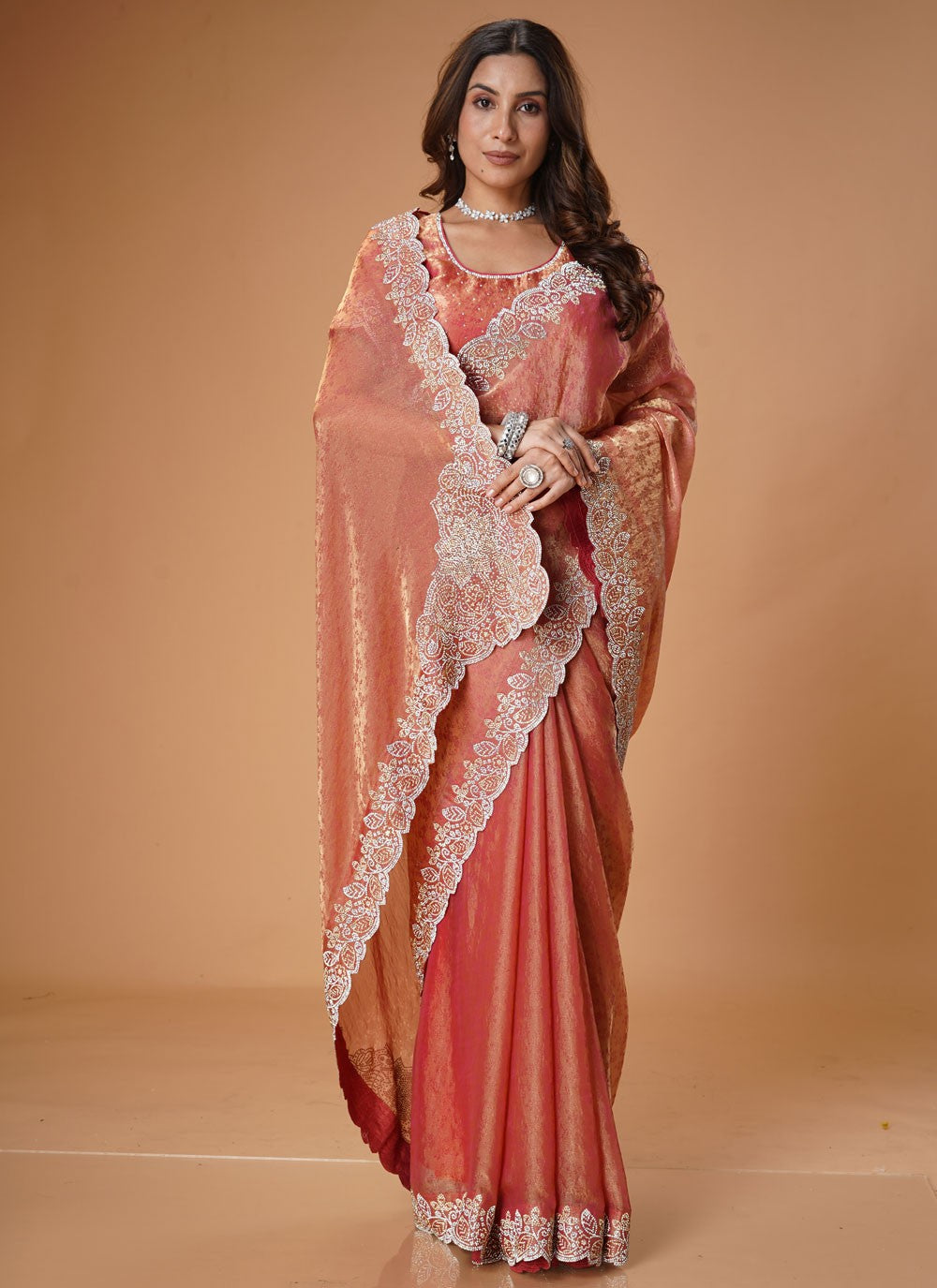 Cut Work Satin Peach Trendy Saree S15474