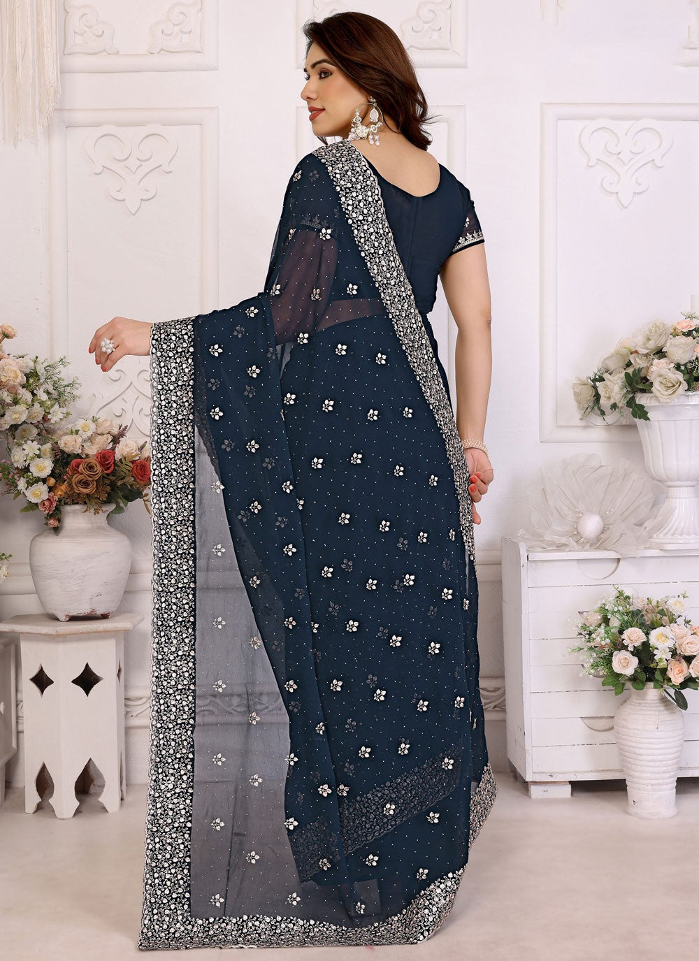 Embroidered Georgette Navy Blue Classic Saree S15049