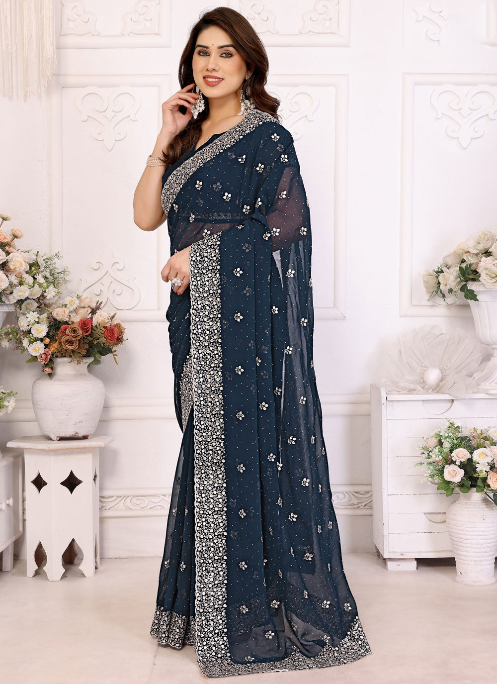Embroidered Georgette Navy Blue Classic Saree S15049