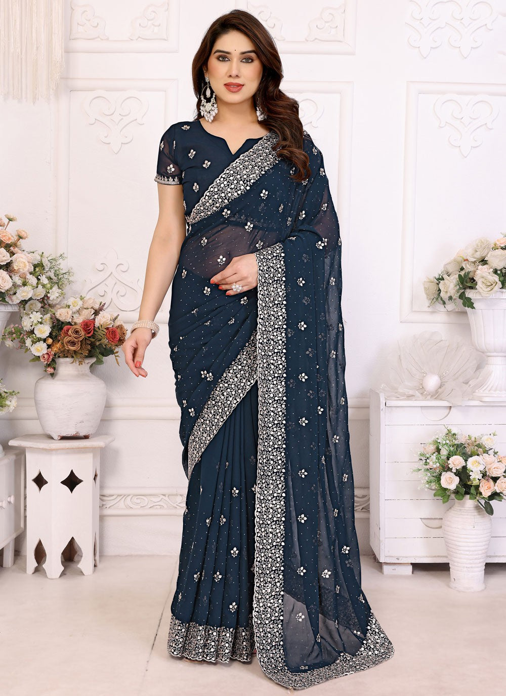 Embroidered Georgette Navy Blue Classic Saree S15049