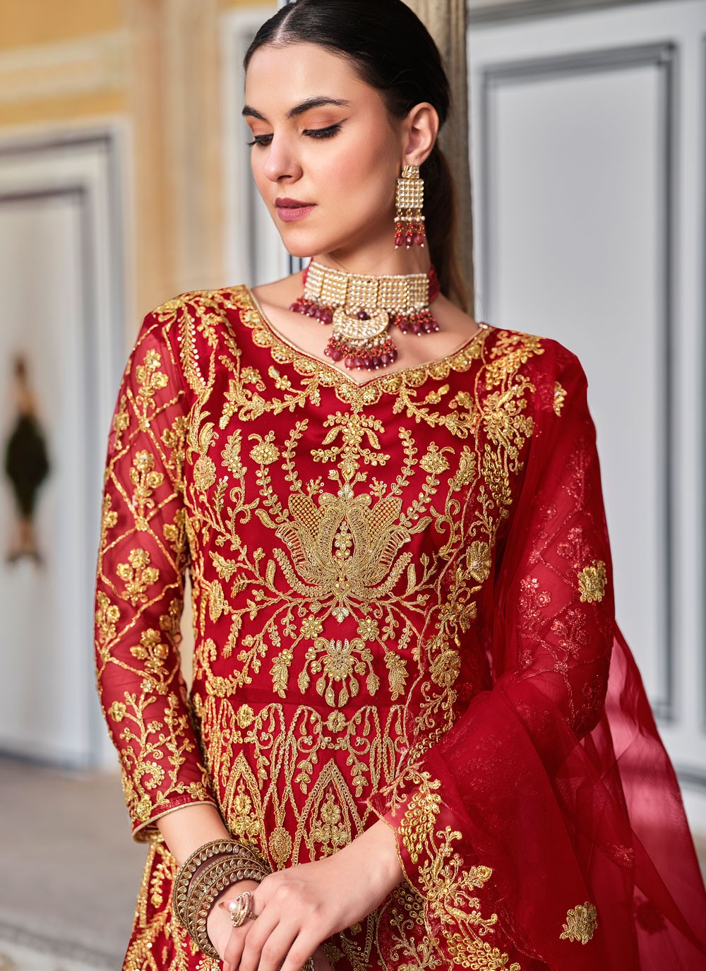 Anarkali Cord Red Net T5327