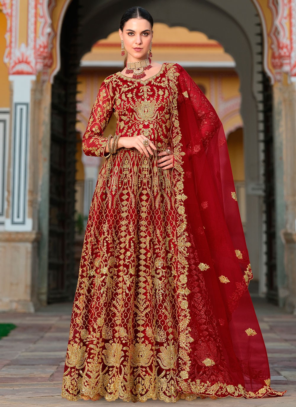Anarkali Cord Red Net T5327