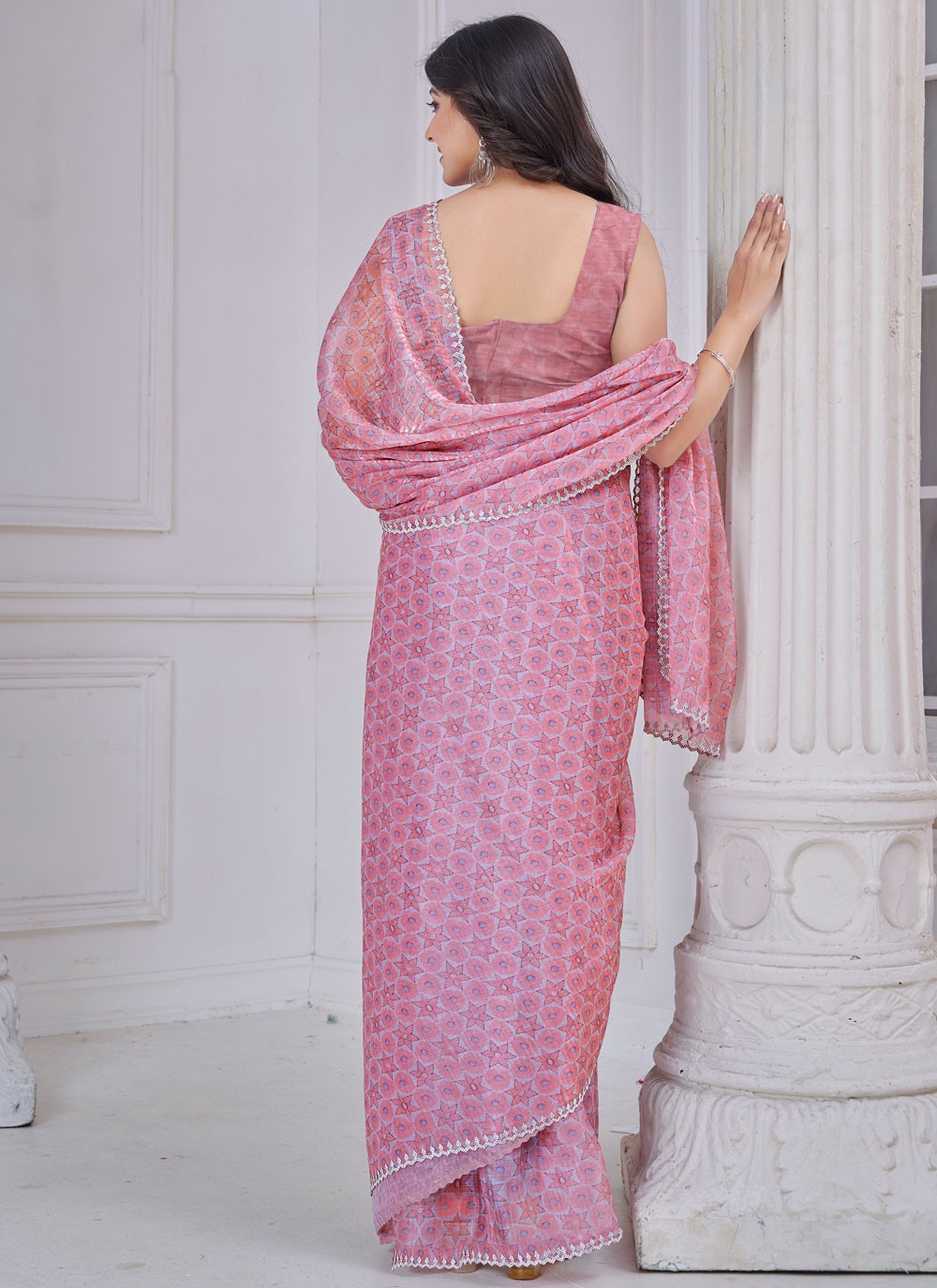 Cut Work Organza Pink Classic Saree S15146