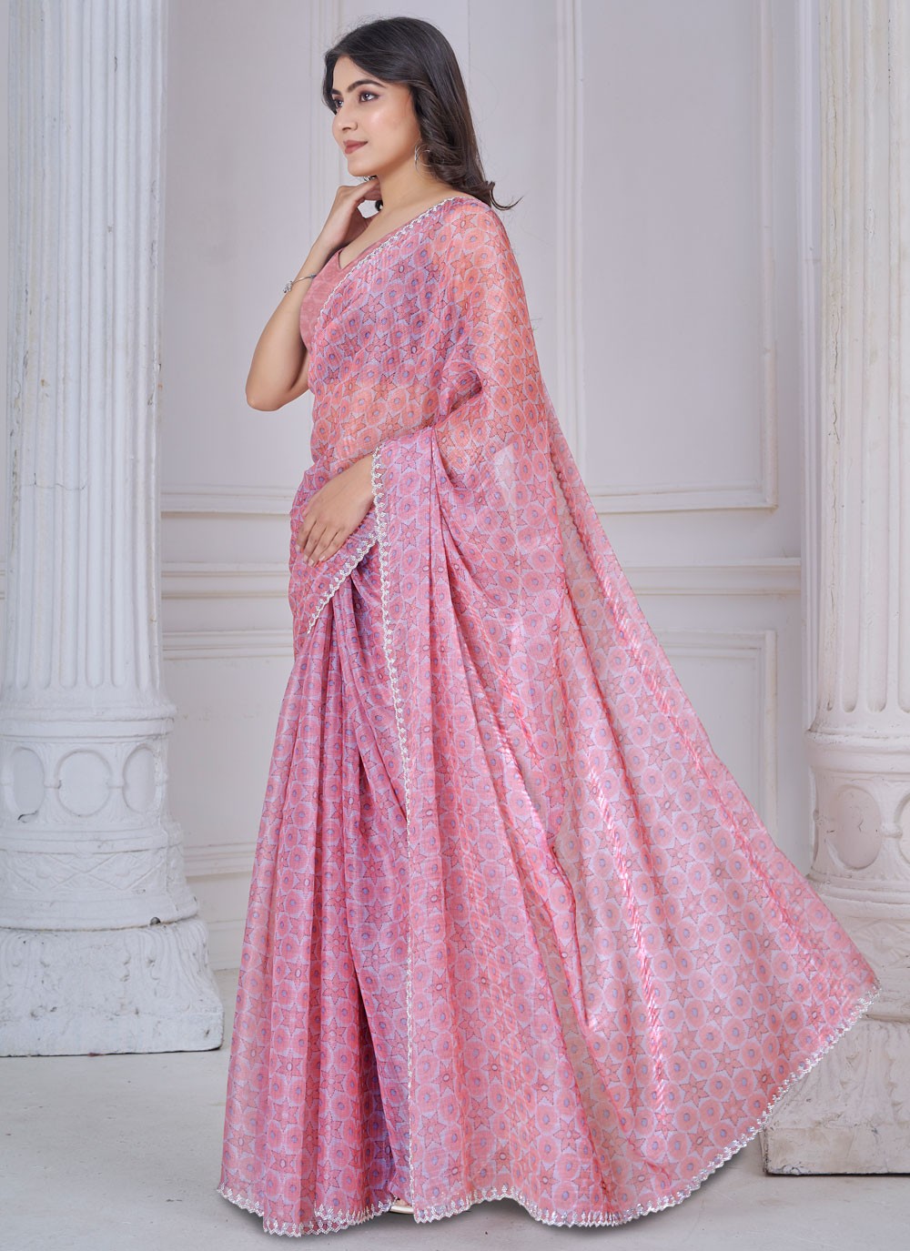 Cut Work Organza Pink Classic Saree S15146
