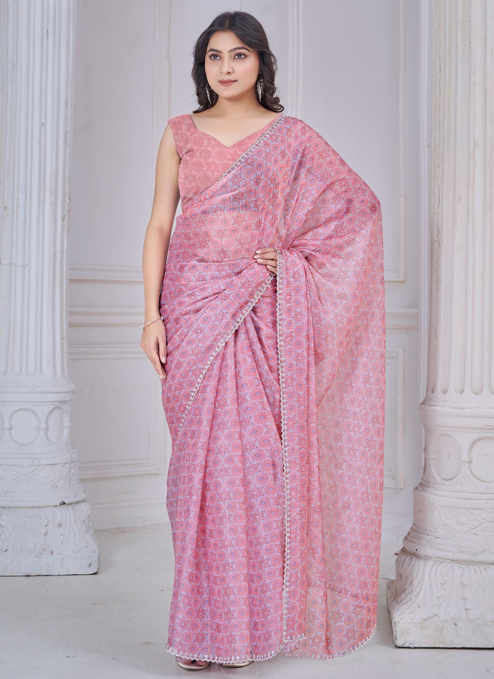 Cut Work Organza Pink Classic Saree S15146