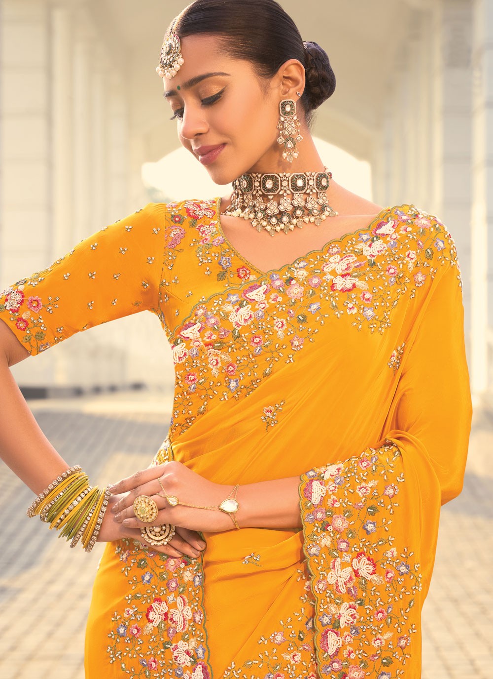 Beads Pure Crepe Yellow Saree S14298
