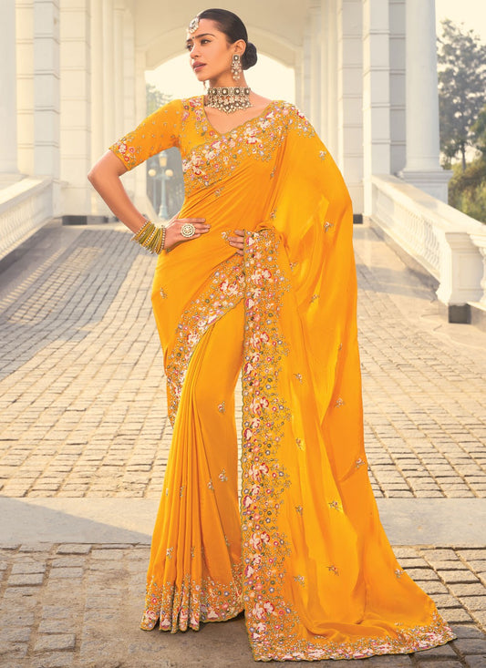 Beads Pure Crepe Yellow Saree S14298