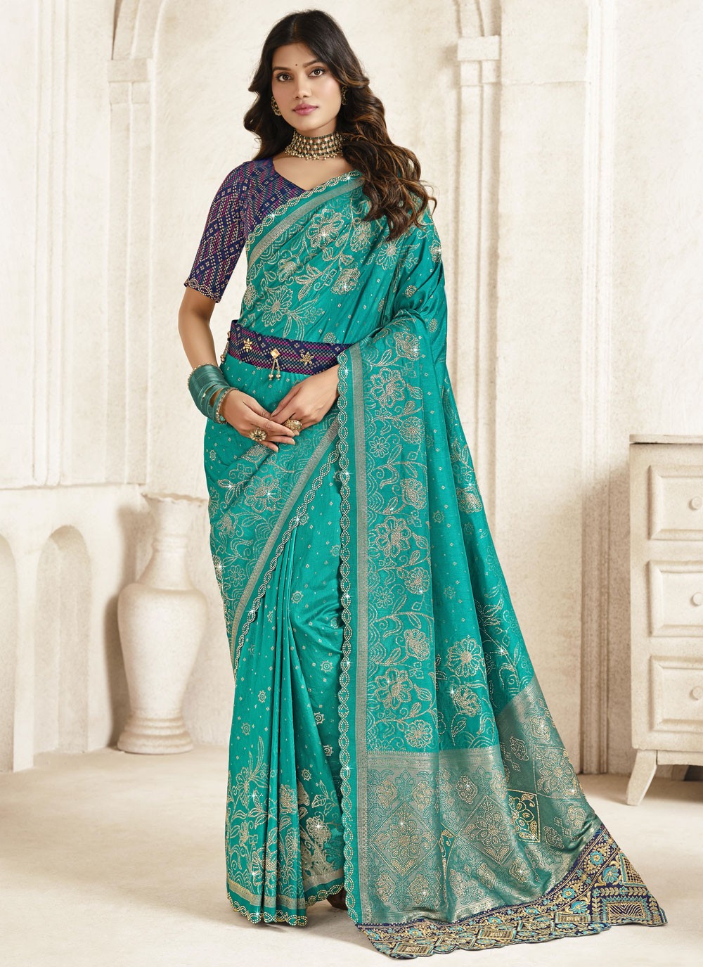 Trendy Saree Cut Work Rama Silk S12859