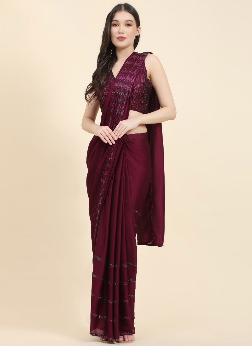 Classic Saree Fancy Work Wine Satin Saree S12753