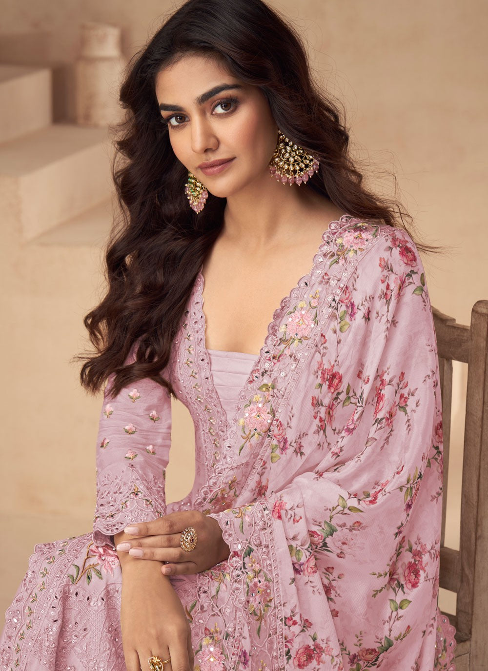 Palazzo Suit Embroidered, Mirror, Sequins, Stones, Zari Pink T6997