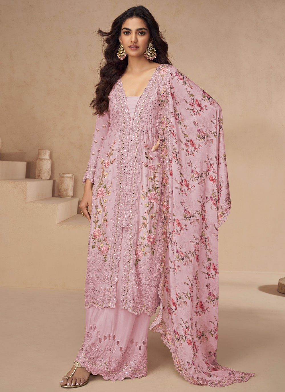 Palazzo Suit Embroidered, Mirror, Sequins, Stones, Zari Pink T6997