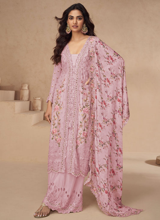 Palazzo Suit Embroidered, Mirror, Sequins, Stones, Zari Pink T6997