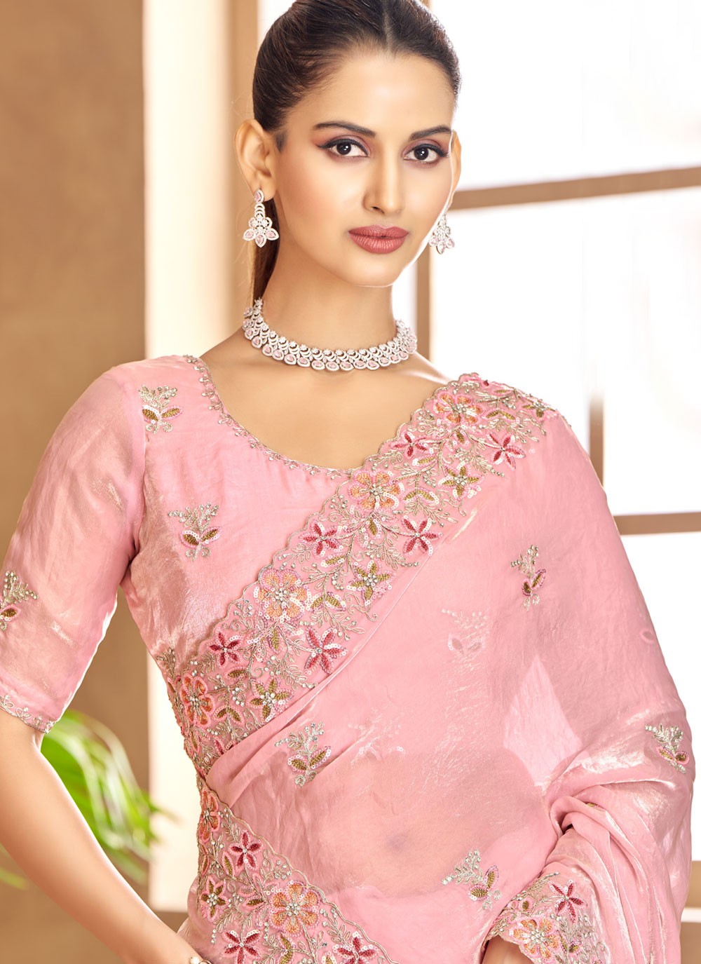 Designer Cut Work Pink Satin Saree S13354