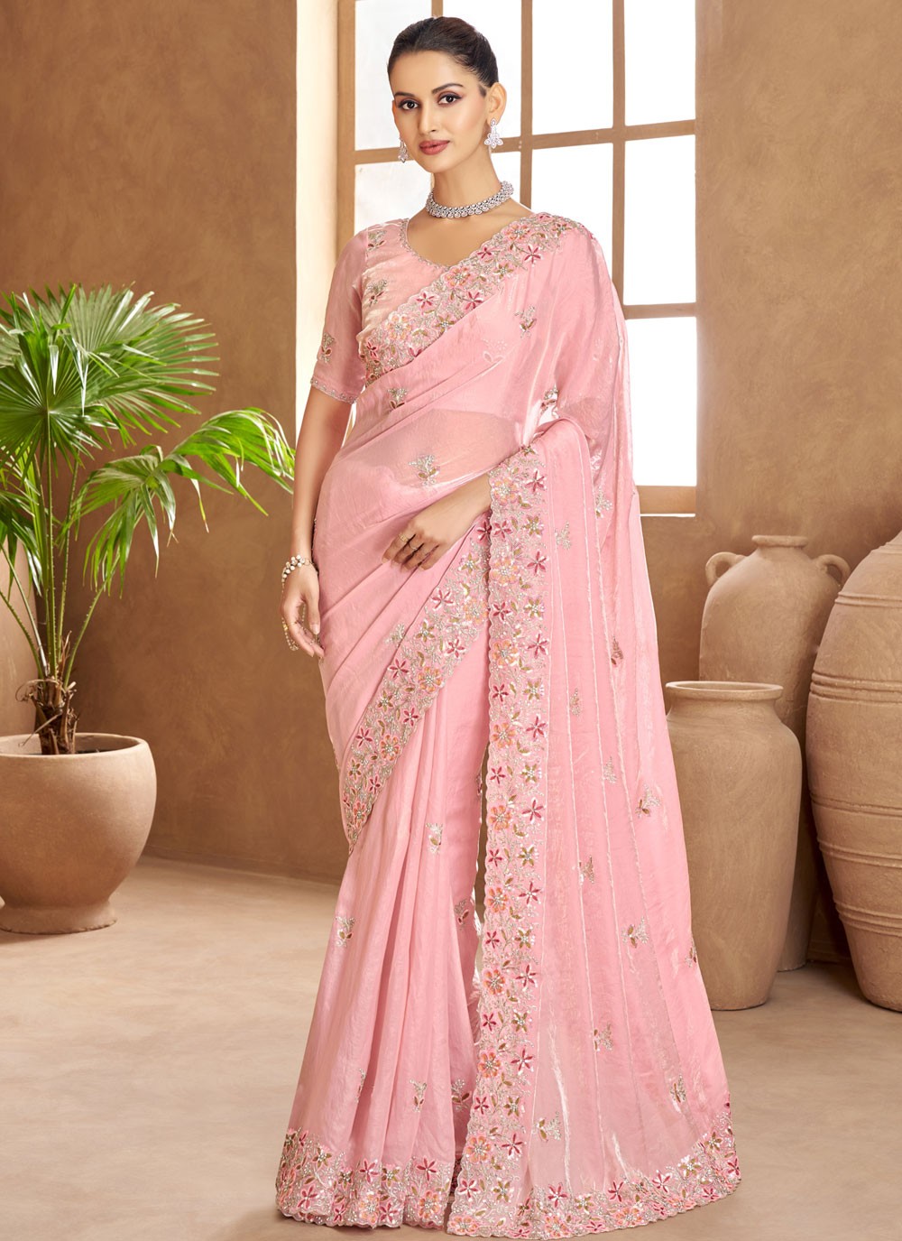 Designer Cut Work Pink Satin Saree S13354