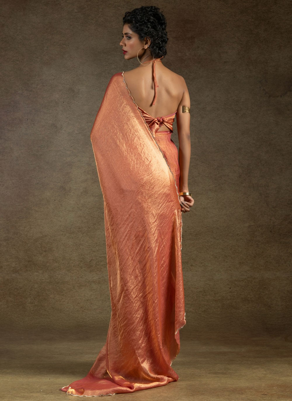 Cut Work Satin Silk Orange Designer Saree S15419