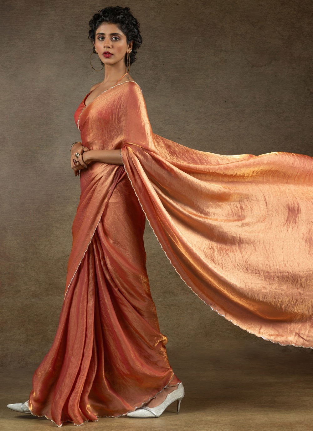 Cut Work Satin Silk Orange Designer Saree S15419