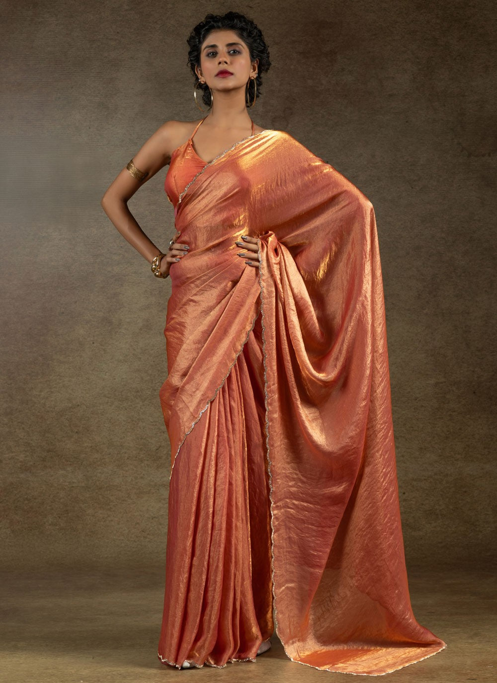 Cut Work Satin Silk Orange Designer Saree S15419