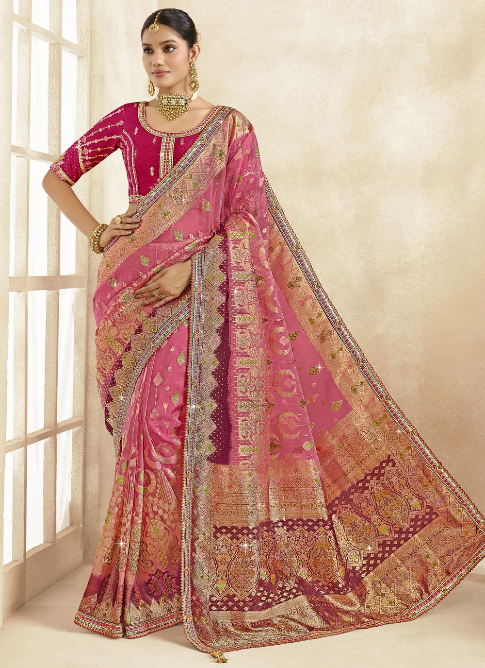 Cut Work Silk Pink Designer Saree S15462