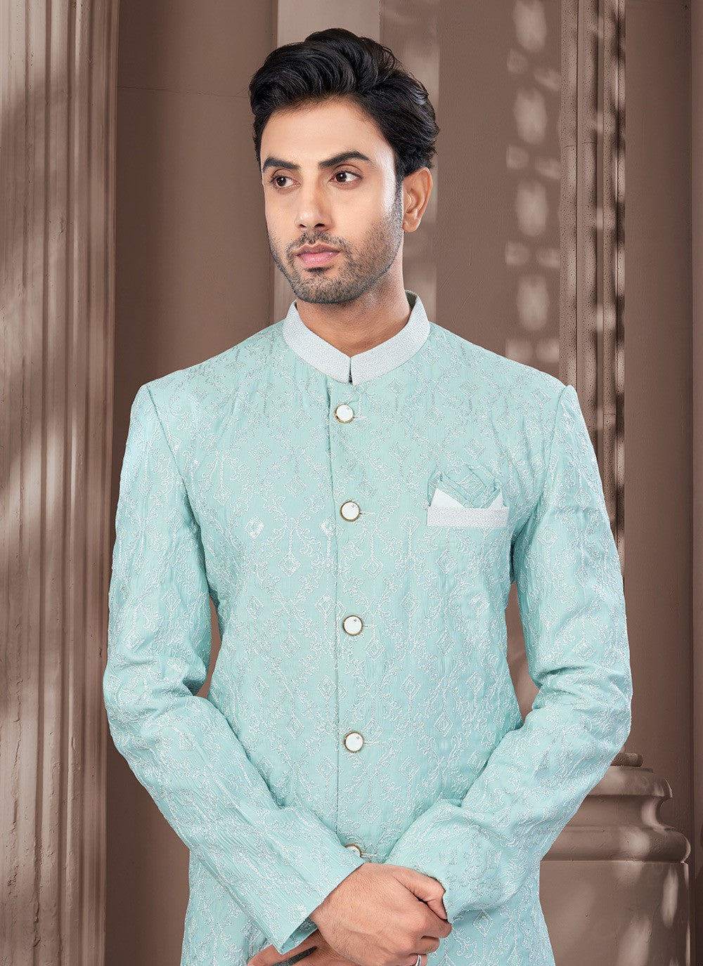 Buttons Silk Green Indo Western - M8637