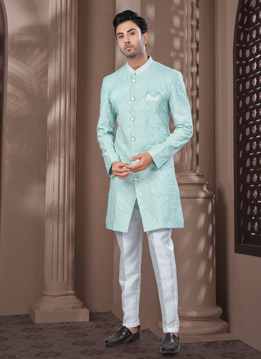 Buttons Silk Green Indo Western - M8637