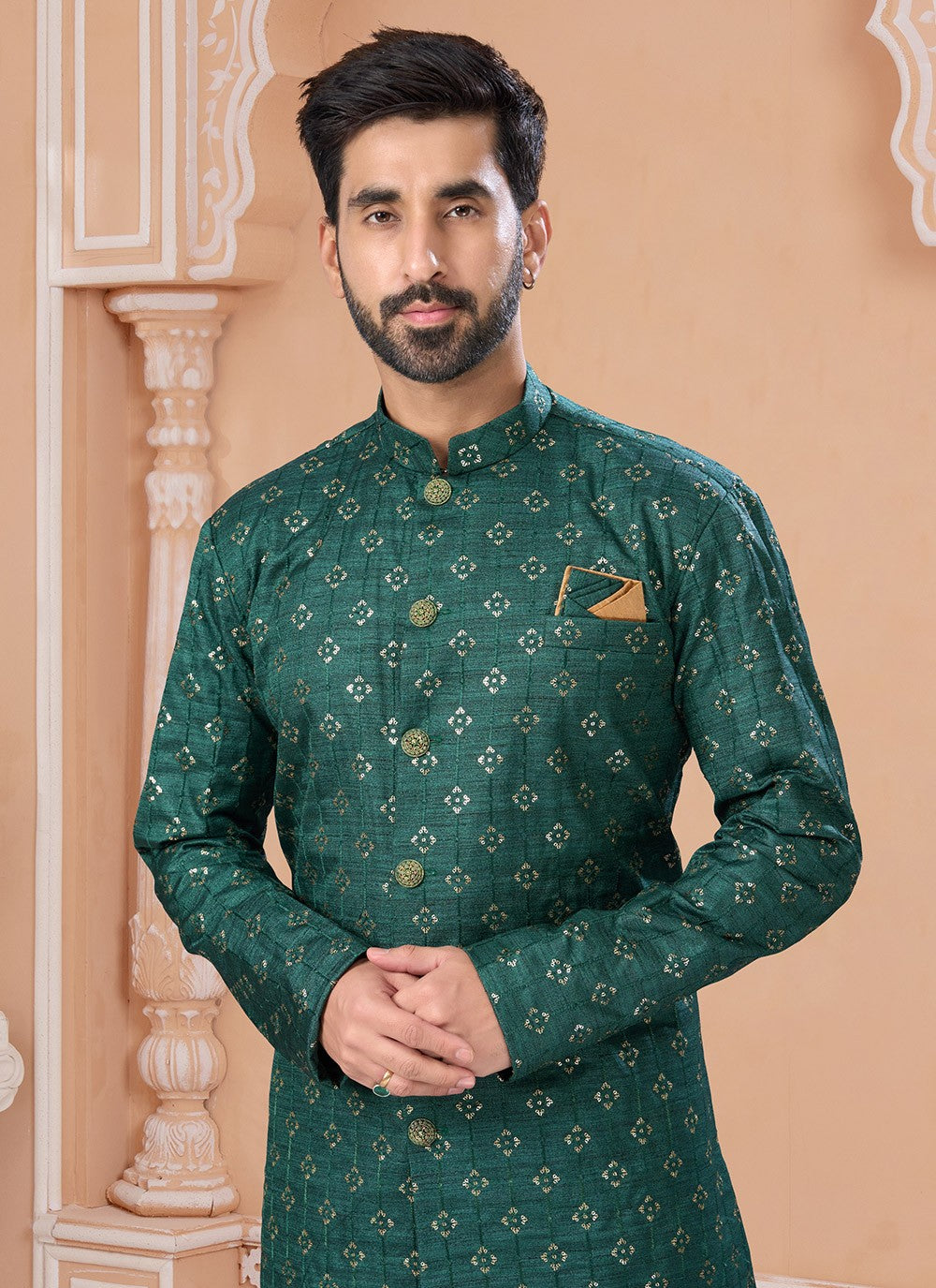 Machine Embroidery Silk Green Indo Western Sherwani - M7154