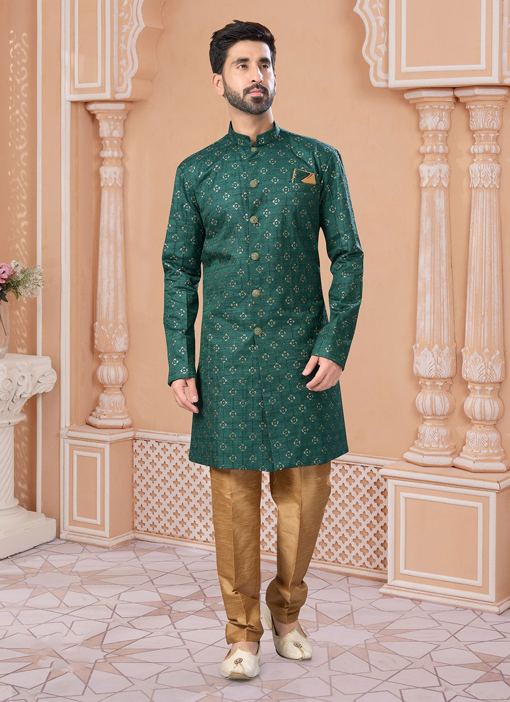 Machine Embroidery Silk Green Indo Western Sherwani - M7154