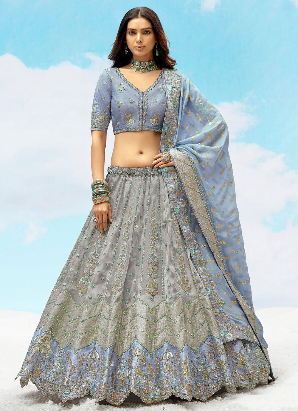 Silk Engagement, Reception, Wedding A - Line Lehenga L3568