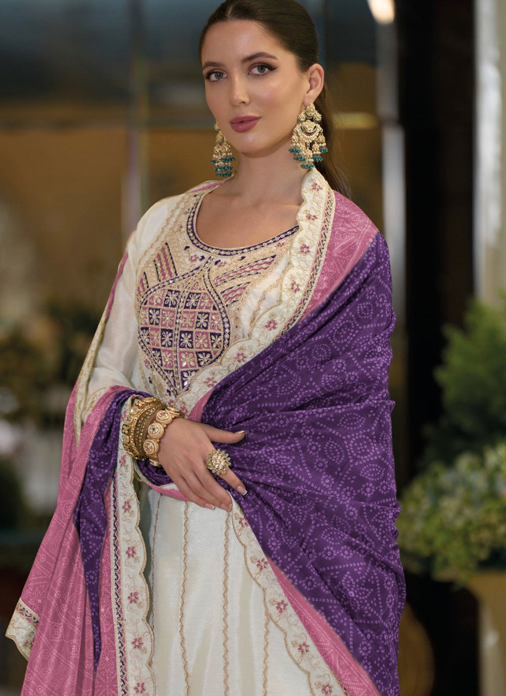 Sharara Suit Embroidered, Stones, Zari White T6769