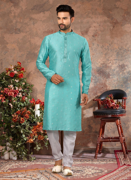 Stones Silk Aqua Blue Kurta - M5645