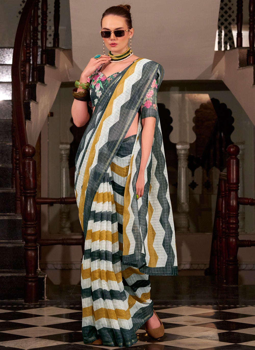 Strips Cotton Silk Black Saree S14774