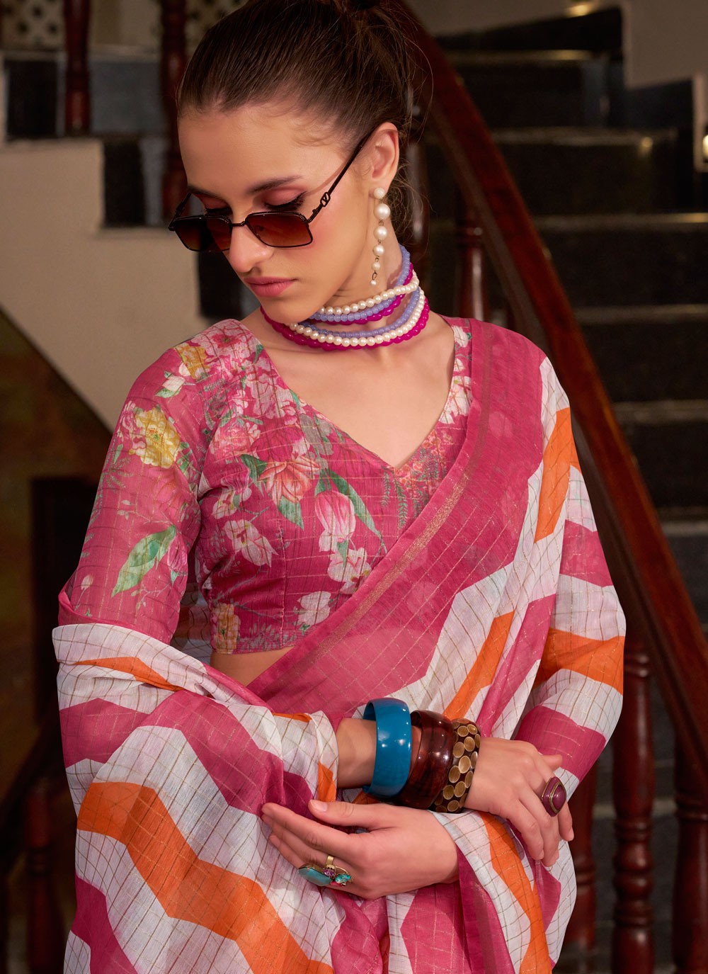 Strips Cotton Silk Pink Saree S14775