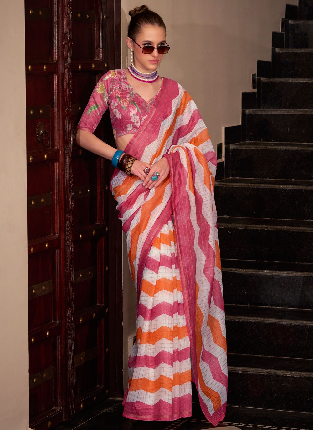 Strips Cotton Silk Pink Saree S14775
