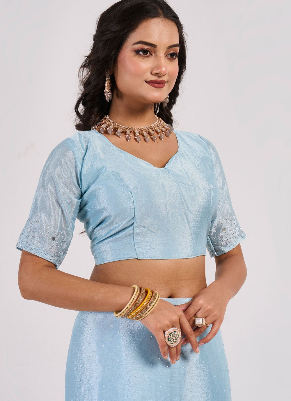 Bollywood Style Mirror Blue Chinon Saree S13035