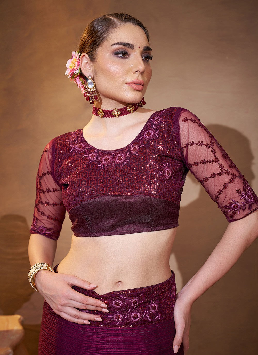Swarovski Jacquard Purple Saree S14373