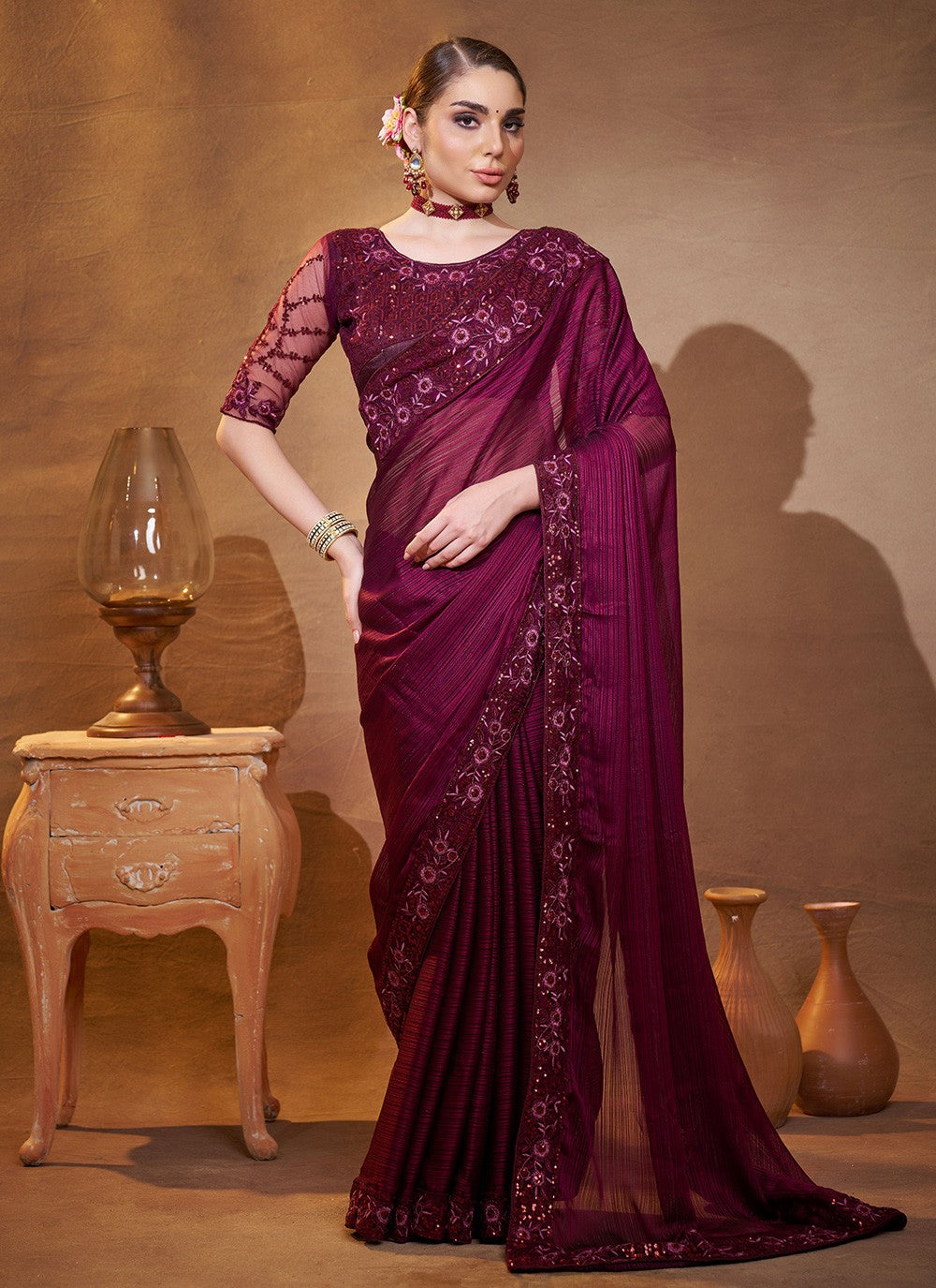 Swarovski Jacquard Purple Saree S14373
