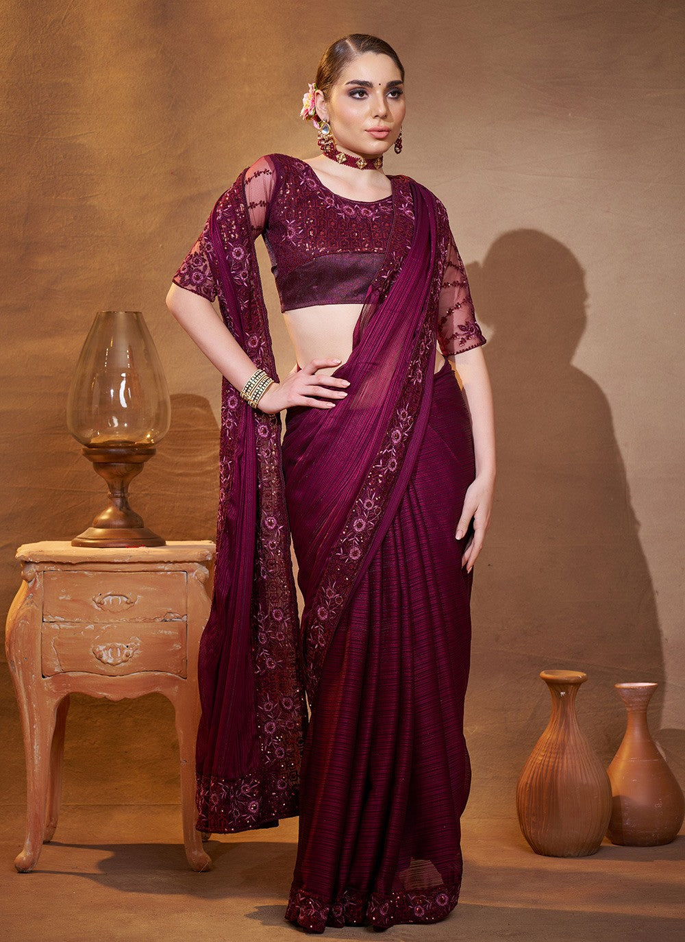 Swarovski Jacquard Purple Saree S14373