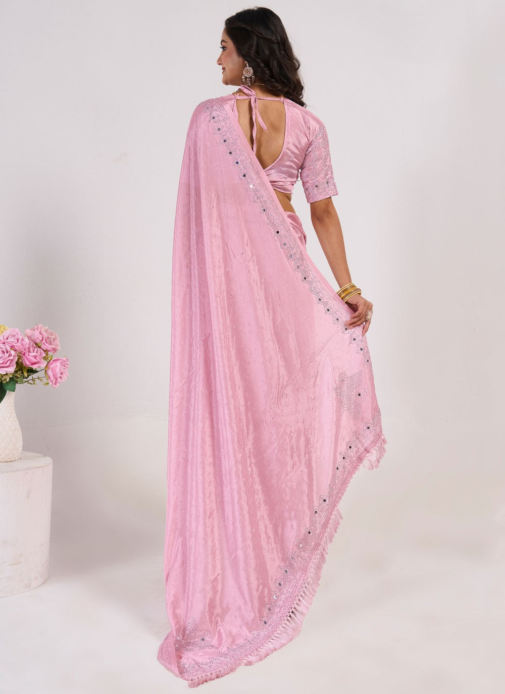 Designer Mirror Pink Chinon Saree S13034