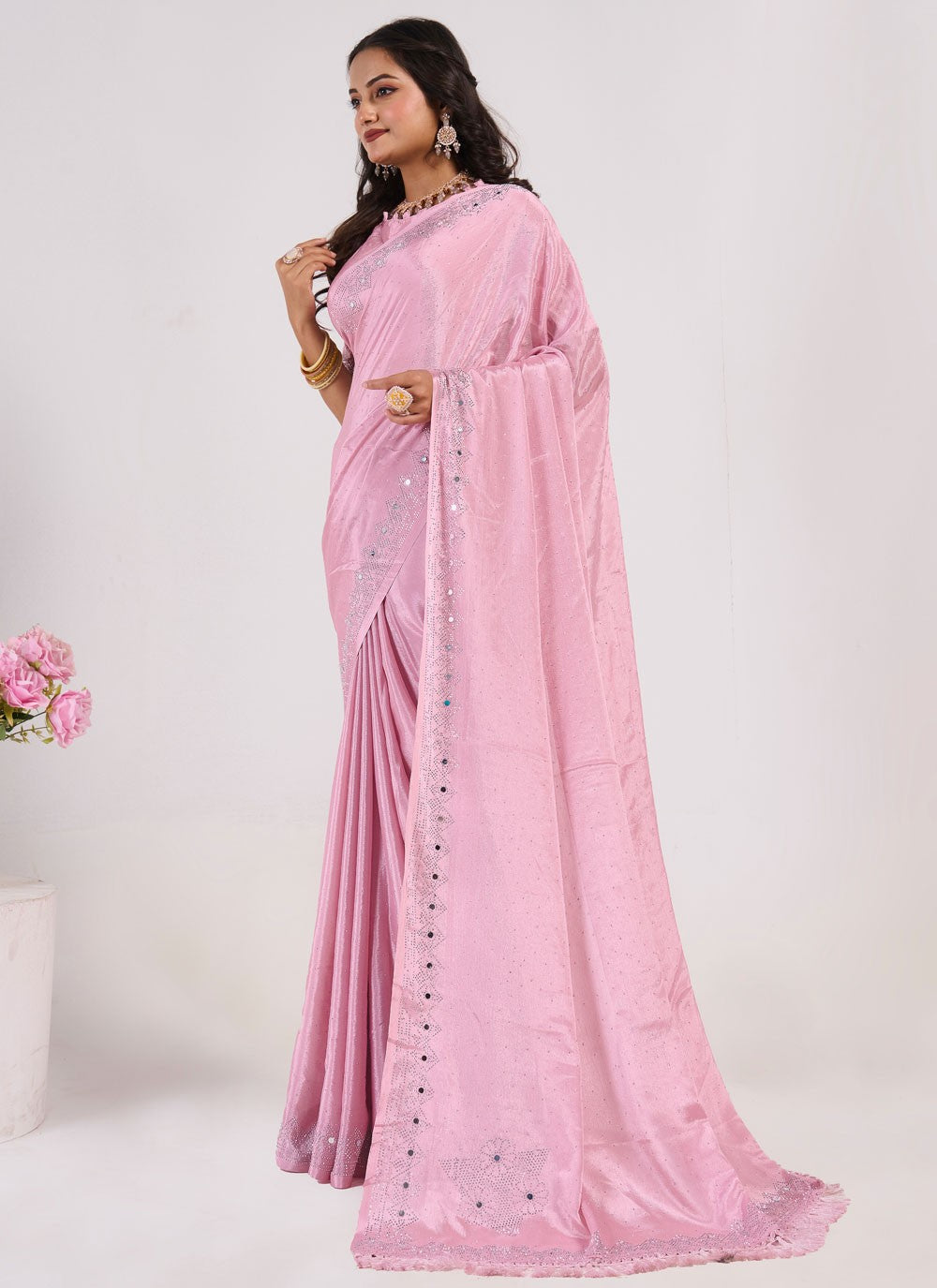 Designer Mirror Pink Chinon Saree S13034