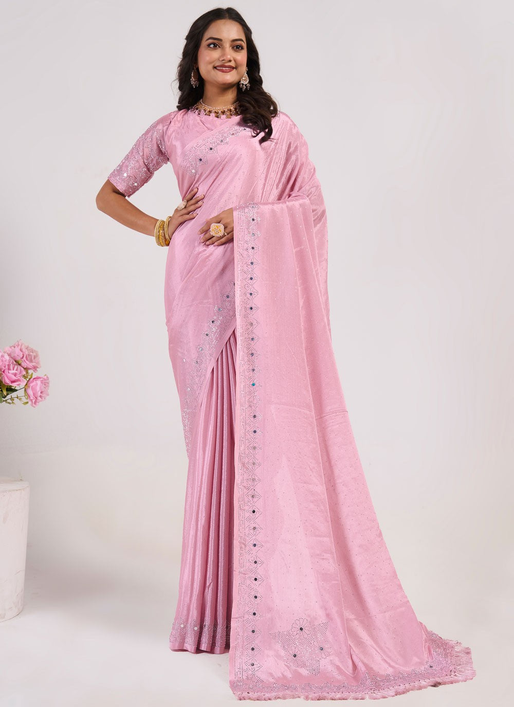 Designer Mirror Pink Chinon Saree S13034