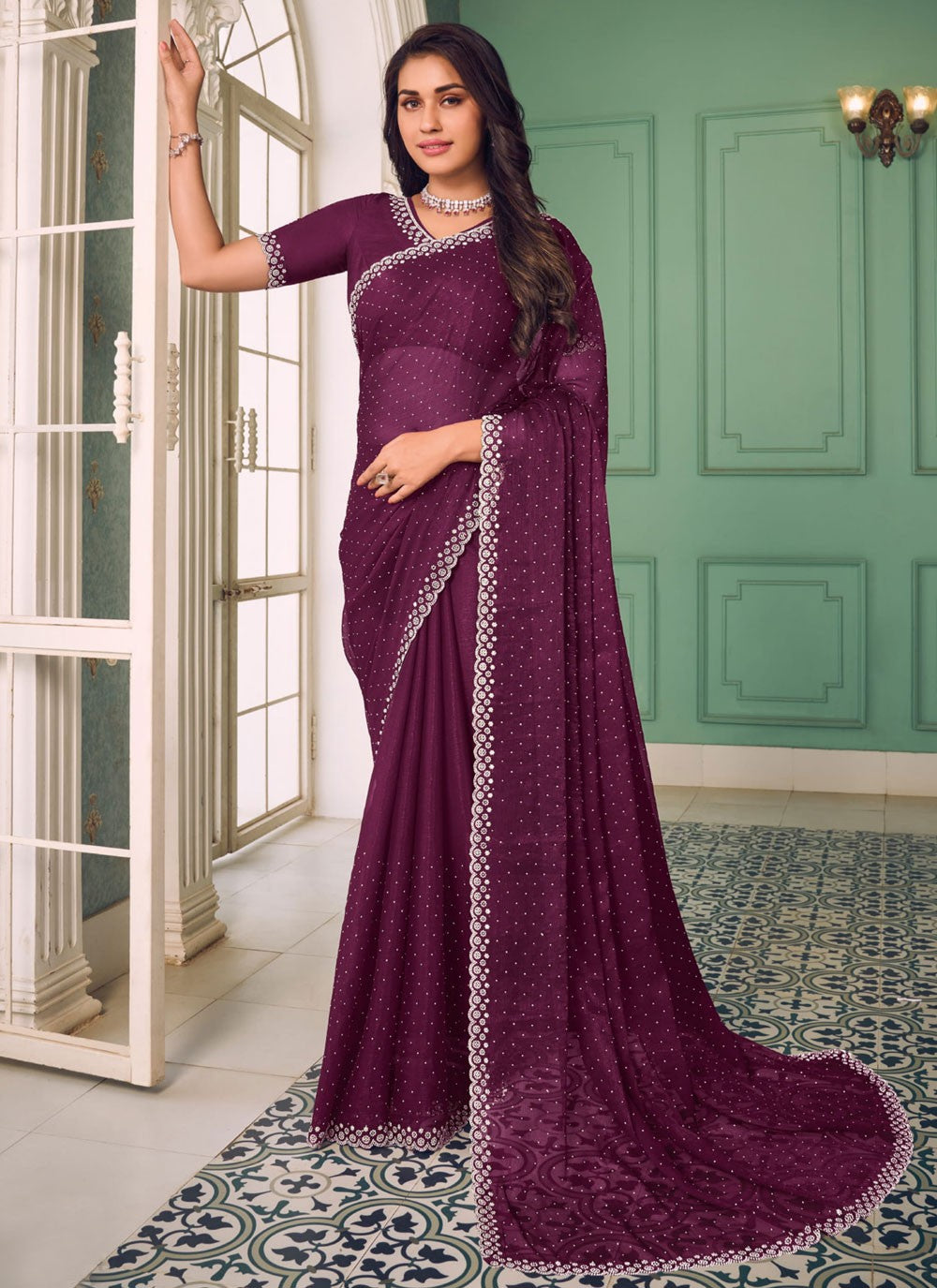 Classic Swarovski Chiffon Saree - S9321